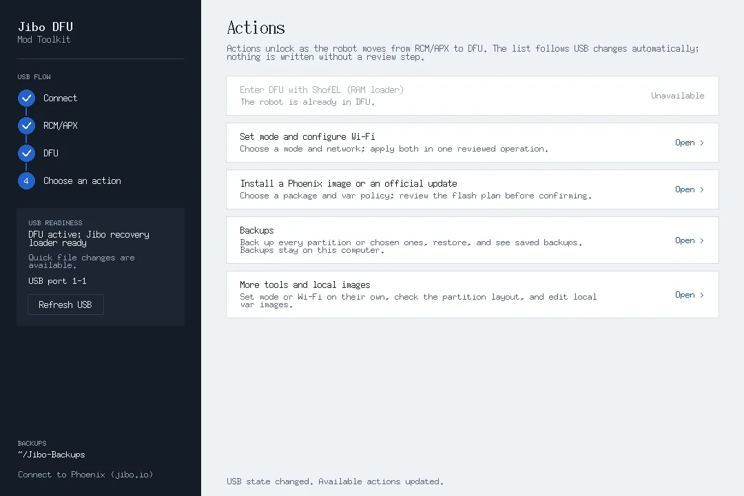 The toolkit’s Actions page with Jibo in DFU