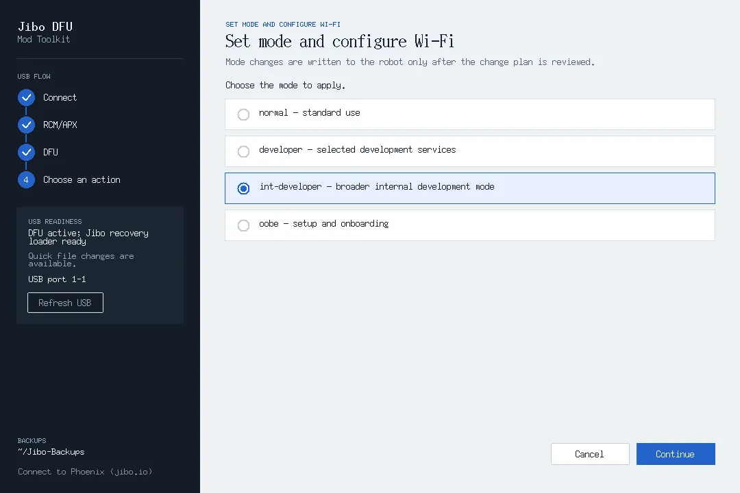 Choosing int-developer mode in the toolkit